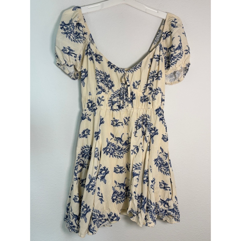 Express Cream Blue Floral Puff Sleeve Mini Dress Sweetheart Neckline Large